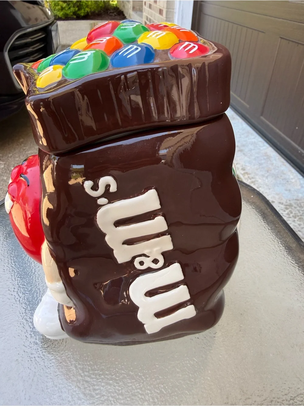 M&M'S Ceramic Cookie Jar with Red and Yellow Characters and Multicolor Candy Top
